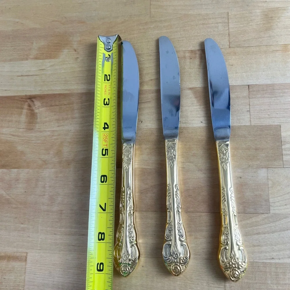 Olde Chelsea‎ Silversmiths Set of 3 Vintage Gold Tone Korea Dinner Knives Ornate